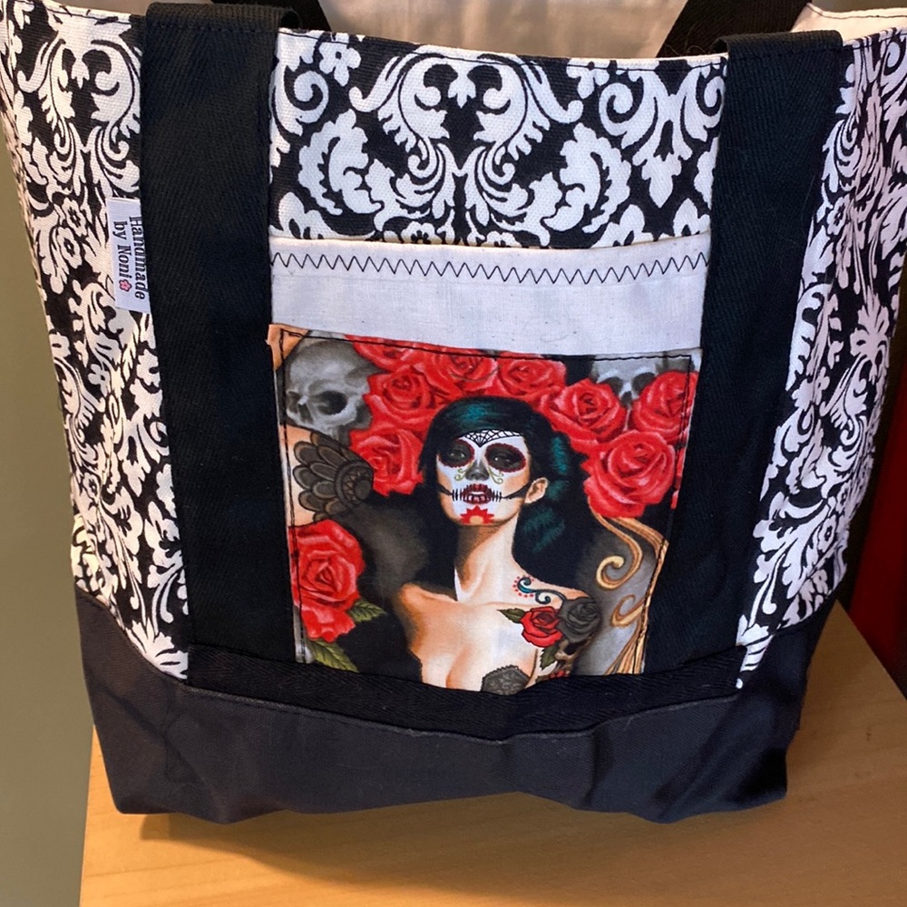 Large Hand Crafted lined exotic gothic Tote Bag Noctura Tattoo Woman